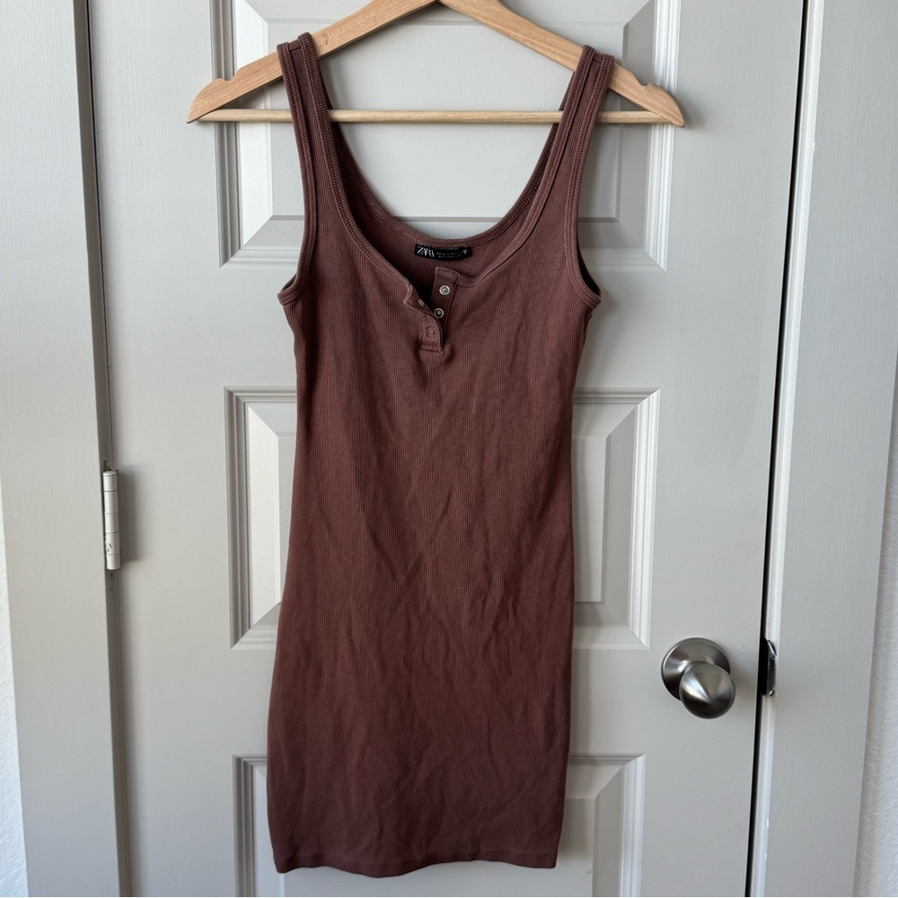 Zara Brown Ribbed Henley Tank Mini Dress